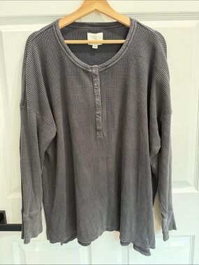aerie Gray Waffle-Knit Henley Long Sleeve Top